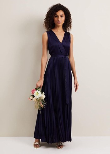 Phase Eight Bonnie Pleat Wrap Satin Dress Navy Australia | IX6378912